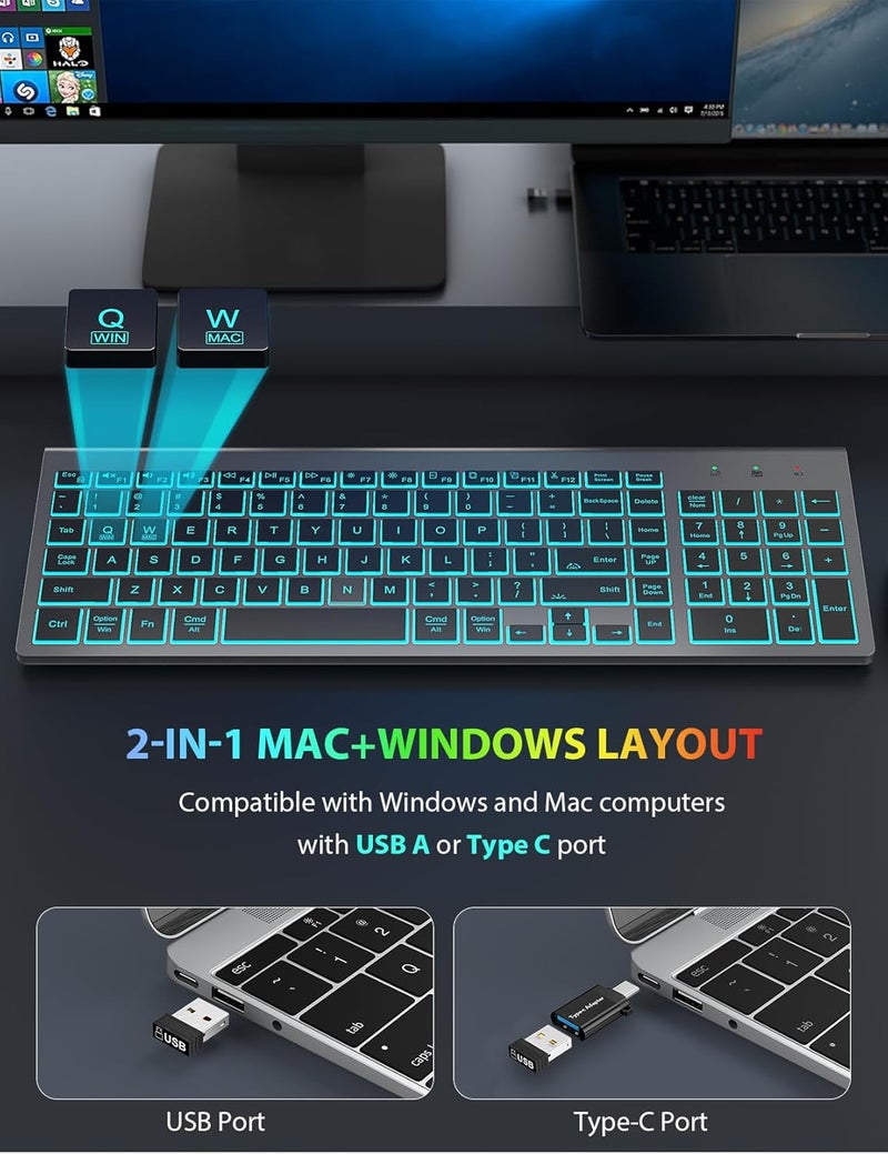 SABLUTE Wireless Keyboard and Mouse Combo Backlit - Compact Quiet Keyboard with RGB Mouse, Rechargeable, Slim, Sleep Mode, Portable Cordless Keyboard Mouse Set for Mac, Windows, Laptop (Space Gray) - Image 3